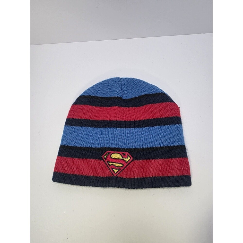 Superman Knit Black Red Blue Strip Logo Beanie One Size Stocking Cap DC Comics